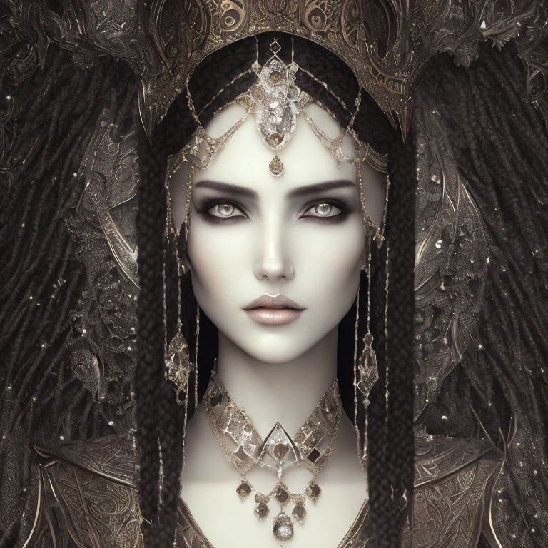 Monochromatic image of woman with intricate head jewelry and detailed headdress.