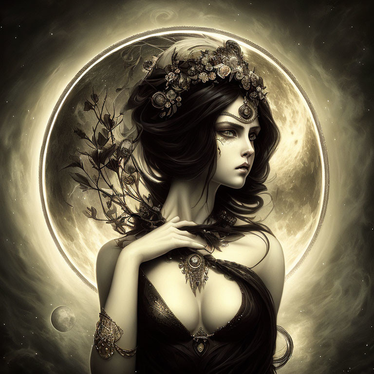 Elaborately adorned female figure under luminous full moon