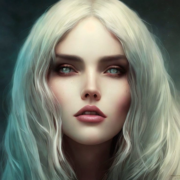 Digital portrait of woman with pale skin, green eyes, full lips, and long white hair