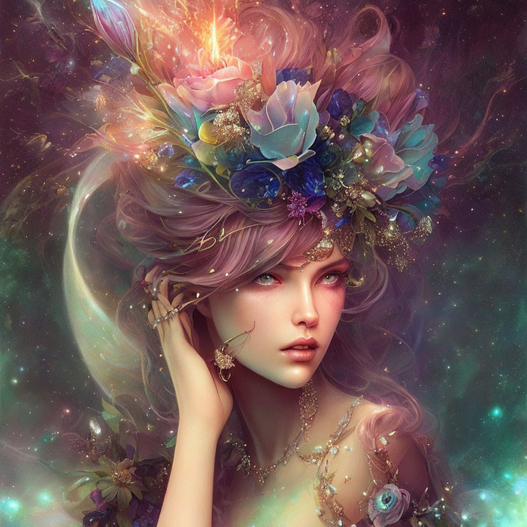 Violet-haired female figure with floral crown and cosmic backdrop