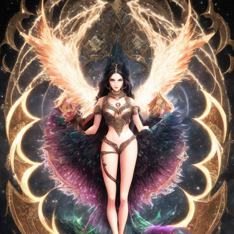 Fantasy illustration of woman with dark angel wings in cosmic setting