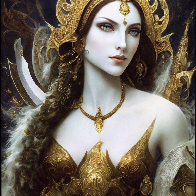 Ethereal woman in golden armor with blue eyes