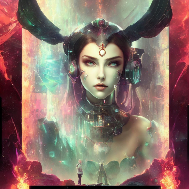 Fantasy image of woman with horns and cybernetic enhancements in vibrant, mystical setting