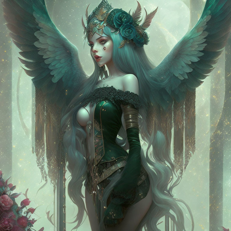 Illustrated female figure in green corset with detailed wings and jewels.