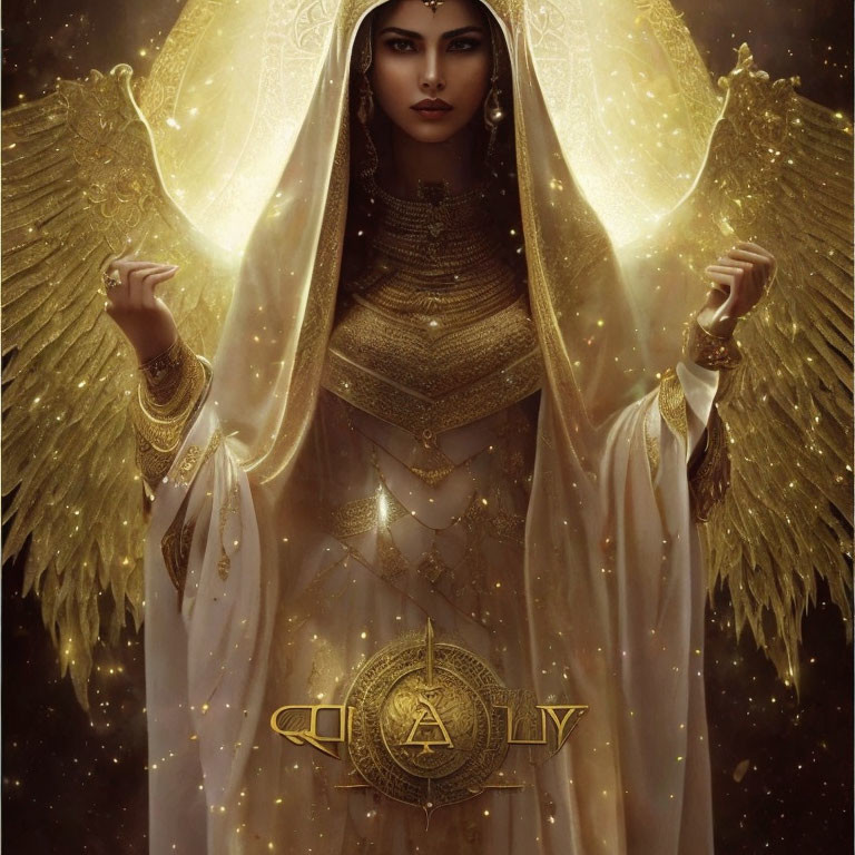 Illustrated woman in golden garments with wings under starry backdrop