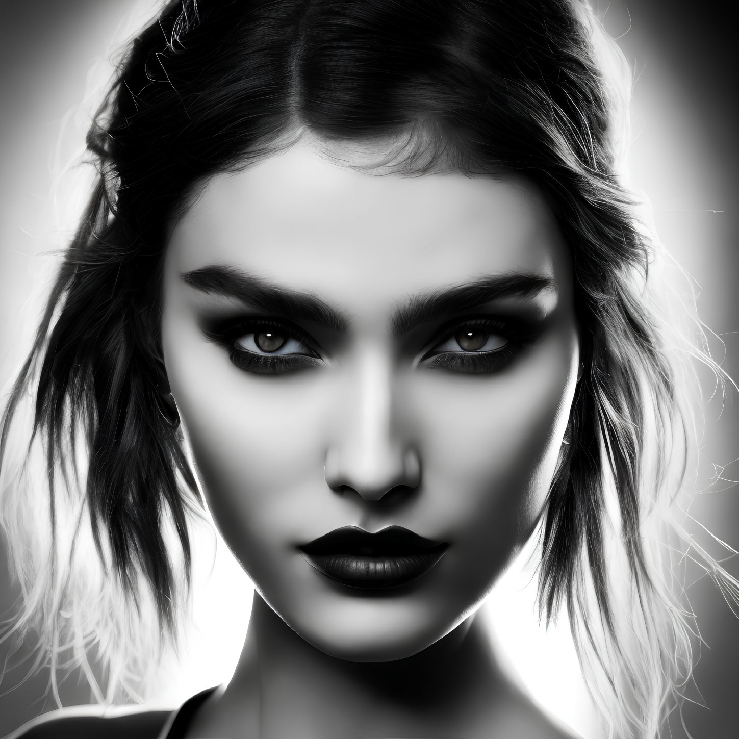 Monochrome portrait of a woman with striking eyes and bold makeup