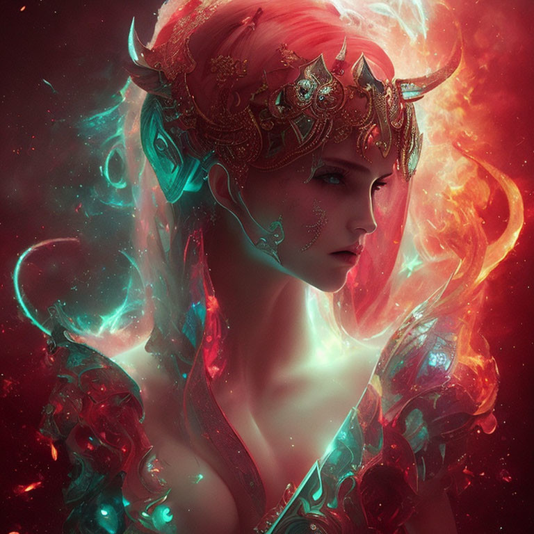 Elaborate golden headgear on mystical woman with swirling red and blue lights