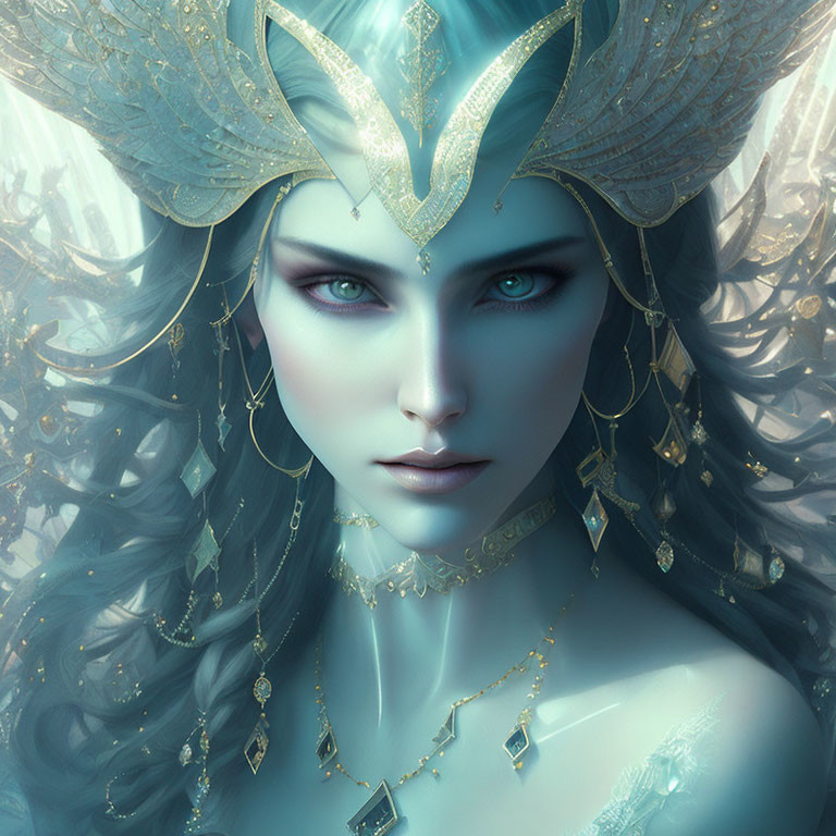 Mystical woman with blue eyes and golden headdress portrait.