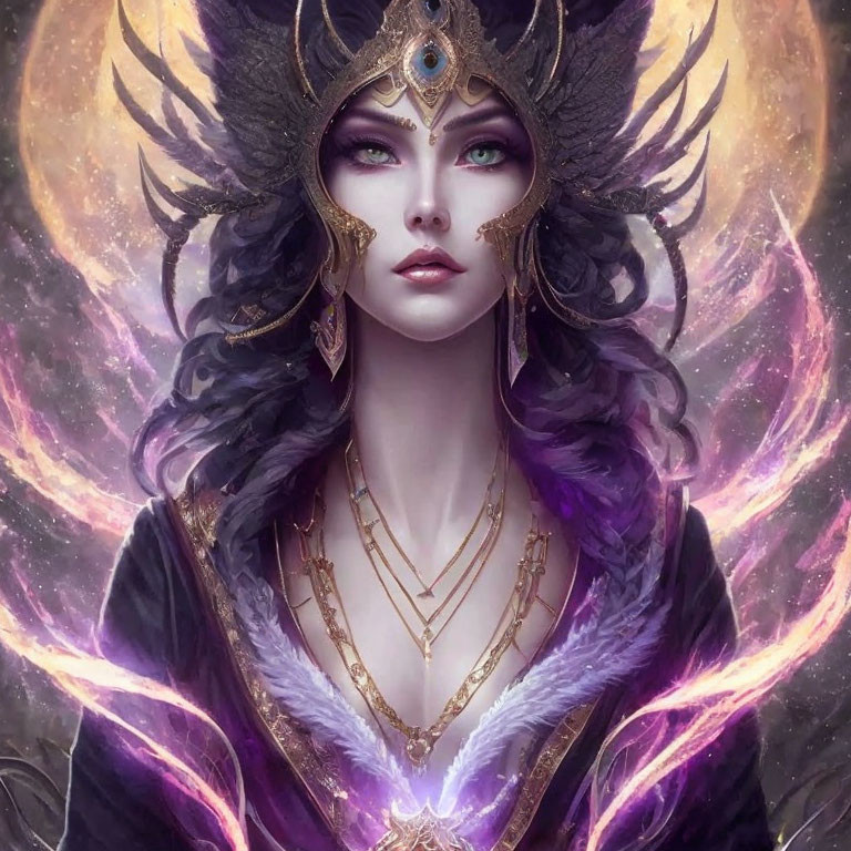 Fantasy Artwork: Woman in Purple and Gold Attire with Mystical Energy