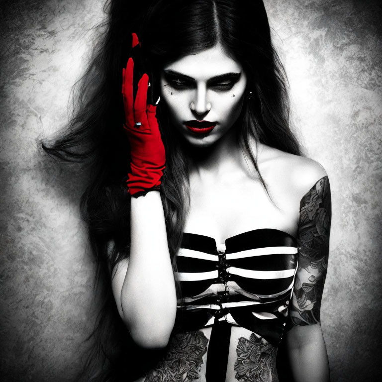 Monochromatic image of woman with red lipstick and gloves in gothic style