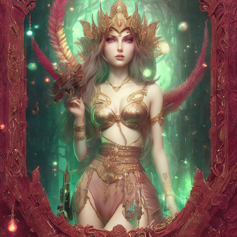 Green-haired female warrior in golden armor with ornate crown and gun in ethereal forest.