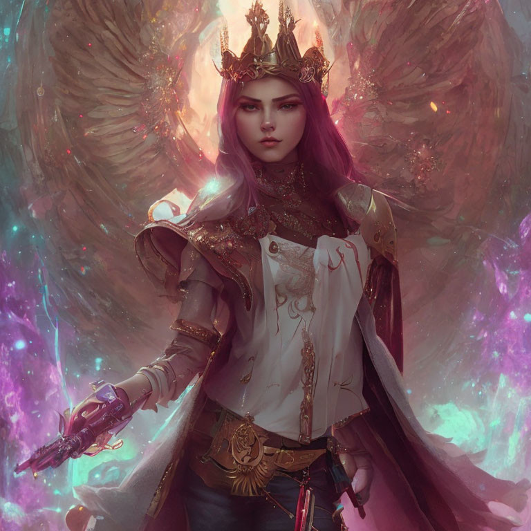 Regal character with purple hair, crown, wings, ornate armor, and bejeweled