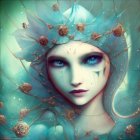 Fantasy portrait of woman with turquoise and gold floral headpiece and vibrant blue eyes on soft blue backdrop