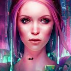 Close-up of woman with pink hair and futuristic headphones in neon-lit setting