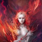 Armored fantasy woman with fiery wings in dark mystical setting