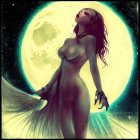 Fantasy illustration of woman with flowing hair and ethereal attire under glowing moon