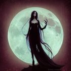 Mystical woman in dark gown with staff under giant moon