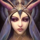 Fantasy digital artwork: Purple-eyed figure with golden crown and feathered ears