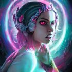 Fantasy female character with braided hair and gold jewelry in mystical digital art