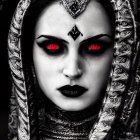 Monochromatic image of woman with red eyes, silver head jewelry, and dark makeup