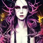 Fantastical female character with purple hair, dark makeup, fiery effects, and intricate jewelry.