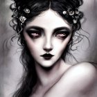 Monochromatic artwork of woman with dark makeup and floral headpiece