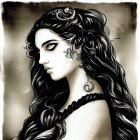 Monochrome artwork of a mystical woman with intricate headpiece