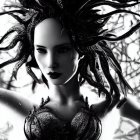 Monochromatic portrait with dark makeup, dreadlocks, and ornate armor top