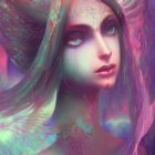 Colorful illustration of a mystical woman with iridescent feathers and ornate jewelry