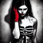 Monochromatic image of woman with red lipstick and gloves in gothic style