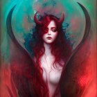 Mystical woman with horns and red hair in ethereal blue glow