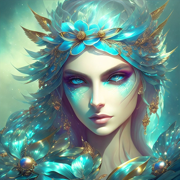 Fantasy portrait of woman with turquoise and gold floral headpiece and vibrant blue eyes on soft blue backdrop