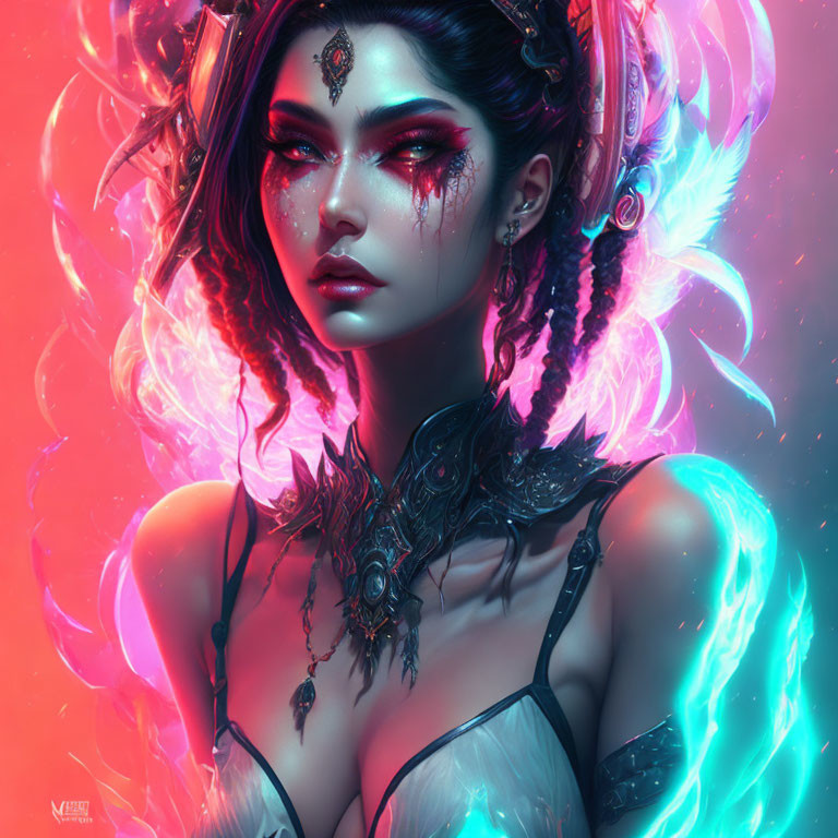 Fantasy female character with luminescent wings and dark hair on red and blue backdrop