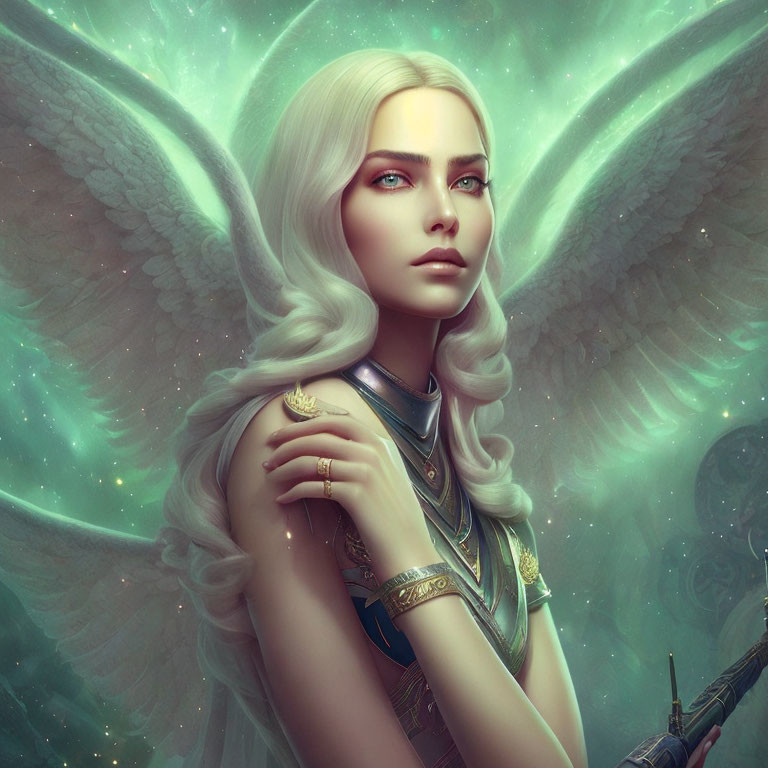 Ethereal woman with white wings and armor in celestial aura