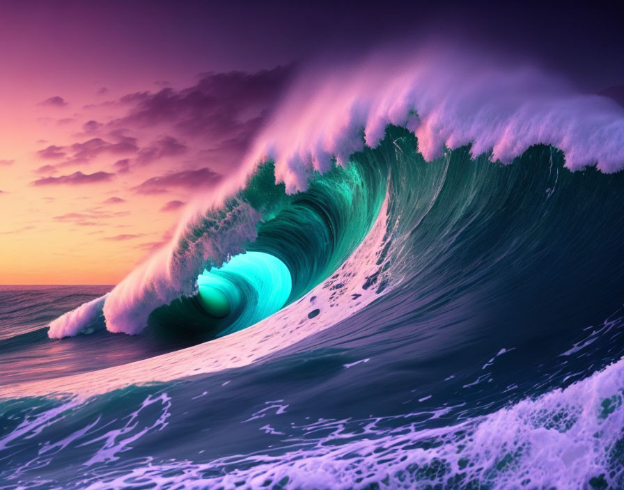 Colorful Ocean Wave Against Pastel Sunset Sky