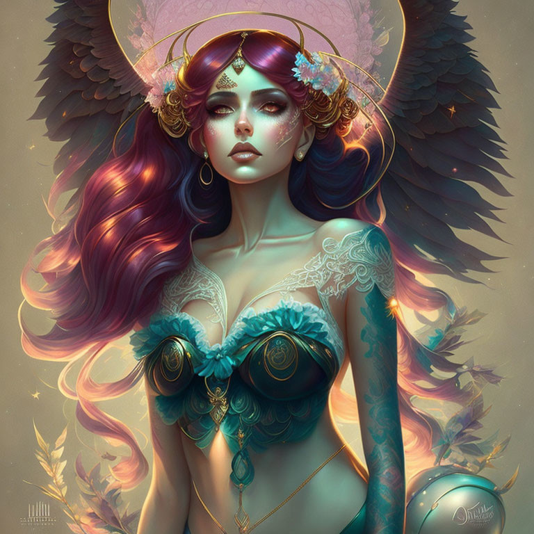 Illustrated fantasy woman with purple hair, floral and celestial accessories, feathered wings, tattoos