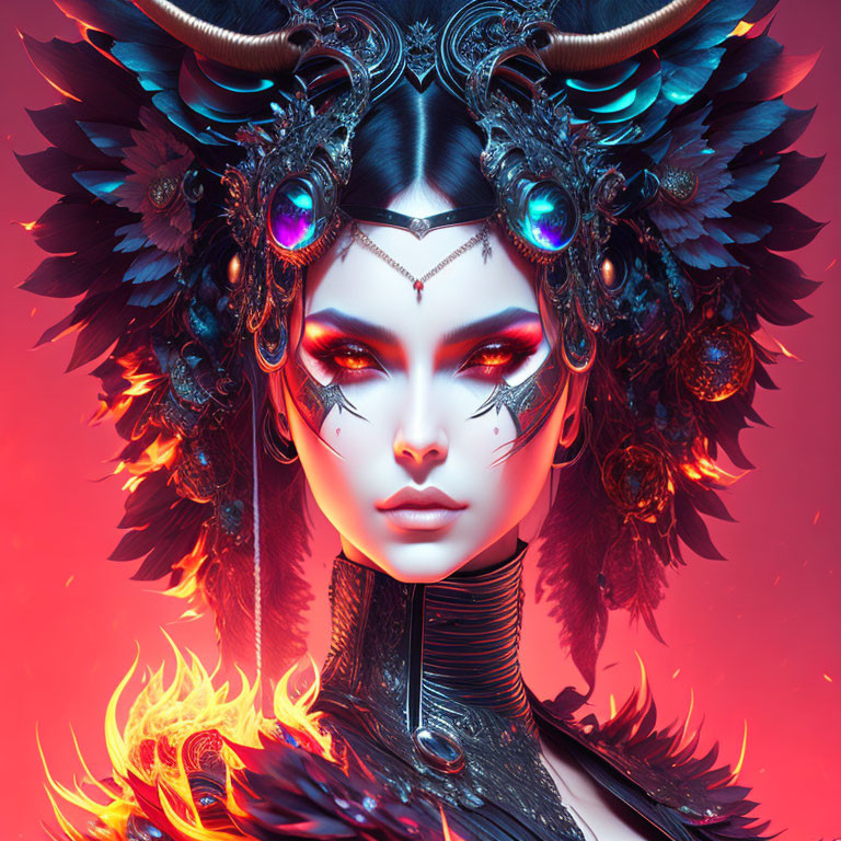 Female fantasy portrait with black feathered headdress, red and blue hues, ornamental jewels, and