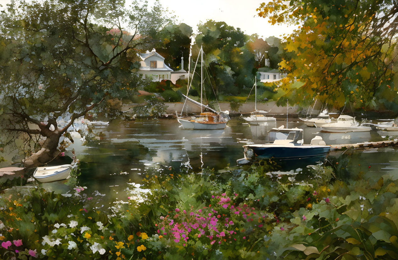 Tranquil marina with sailboats, autumn trees, and colorful flowers