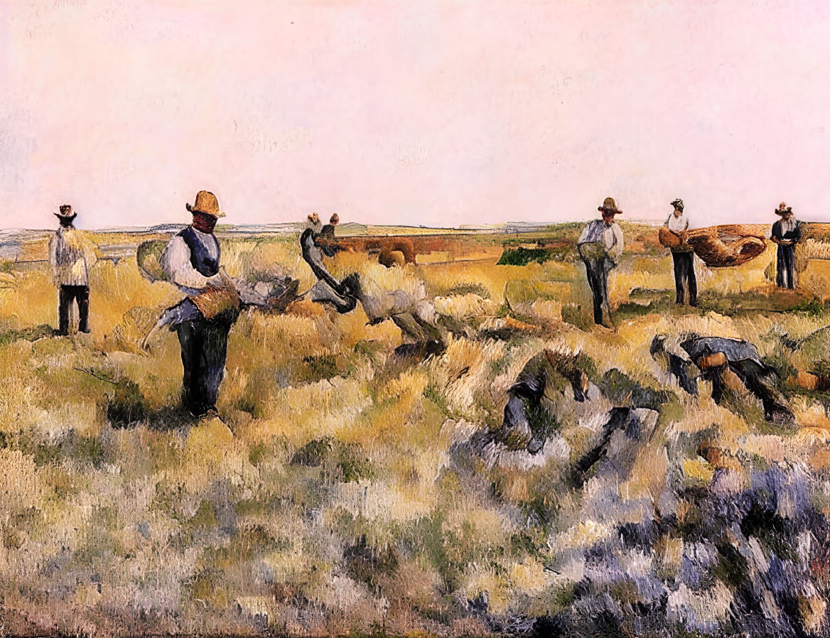 Farmers Harvesting Wheat in Field under Wide Sky