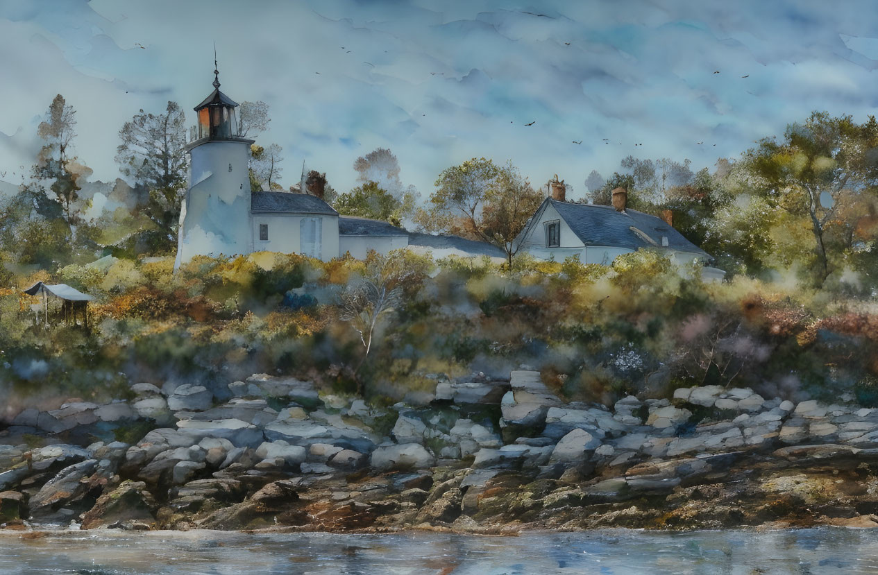 Scenic lighthouse painting with autumn foliage and birds in cloudy sky