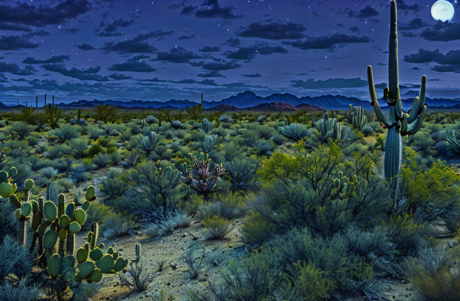 Nocturnal desert landscape with cacti under starry sky