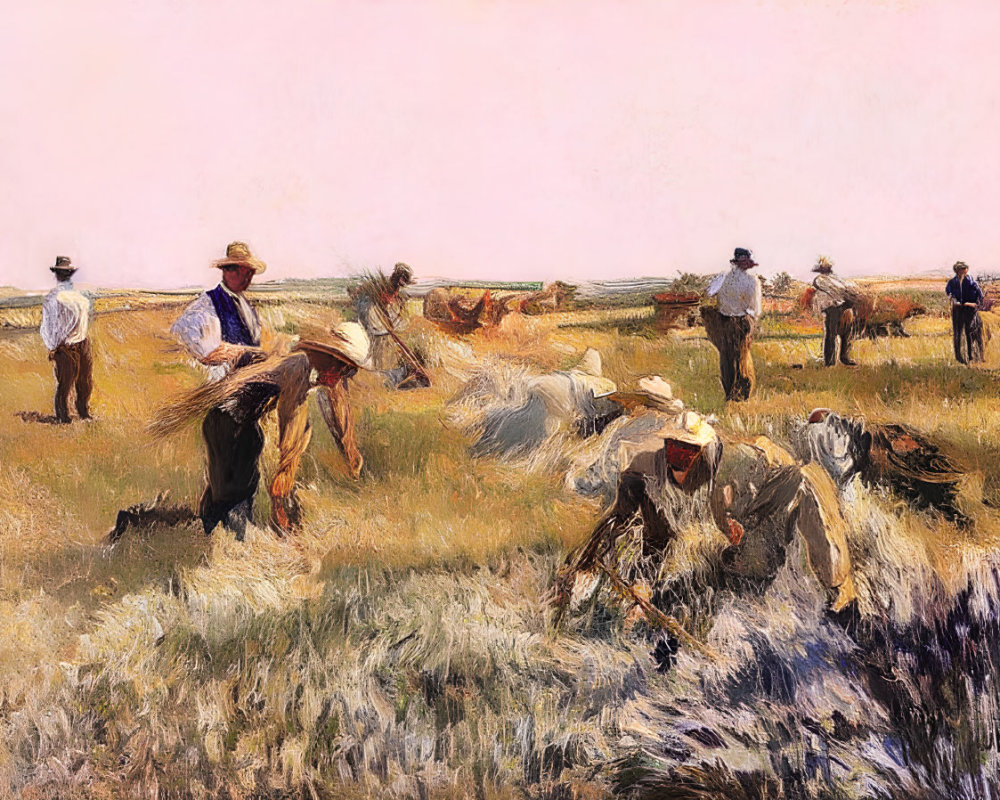 Rural scene: Farmers harvesting wheat with scythes in sunlit field