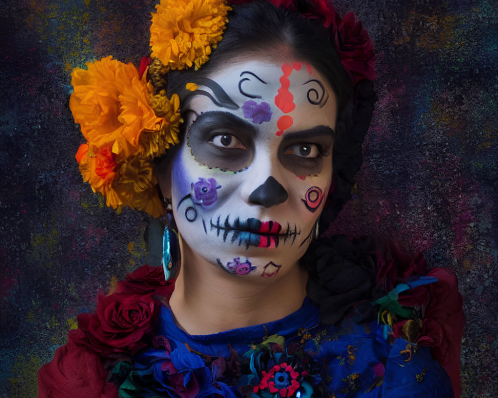 Skull Makeup and Floral Headpiece for Day of the Dead Costume