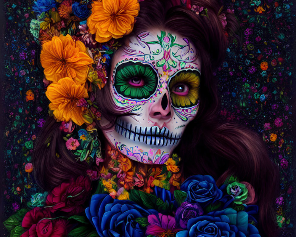 Vibrant Day of the Dead makeup with floral patterns