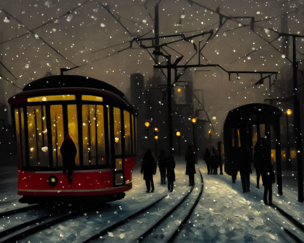 Snowy Evening Painting: Red Tram at Station, Silhouettes, City Lights