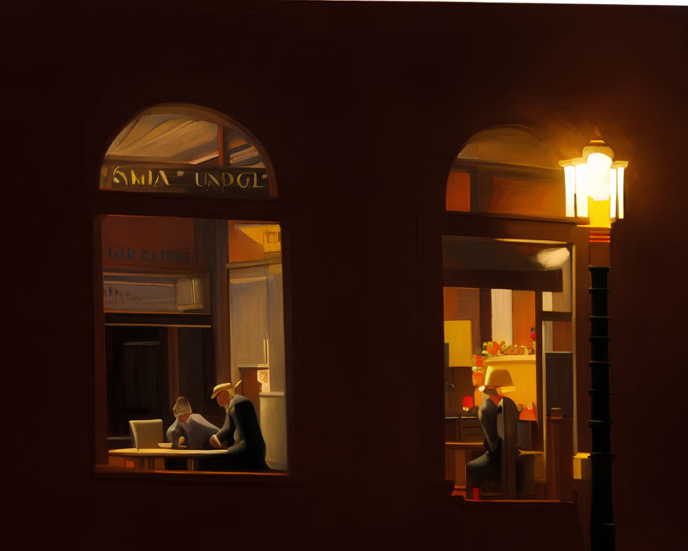 Cozy Café Scene with Warm Ambiance and Arched Windows