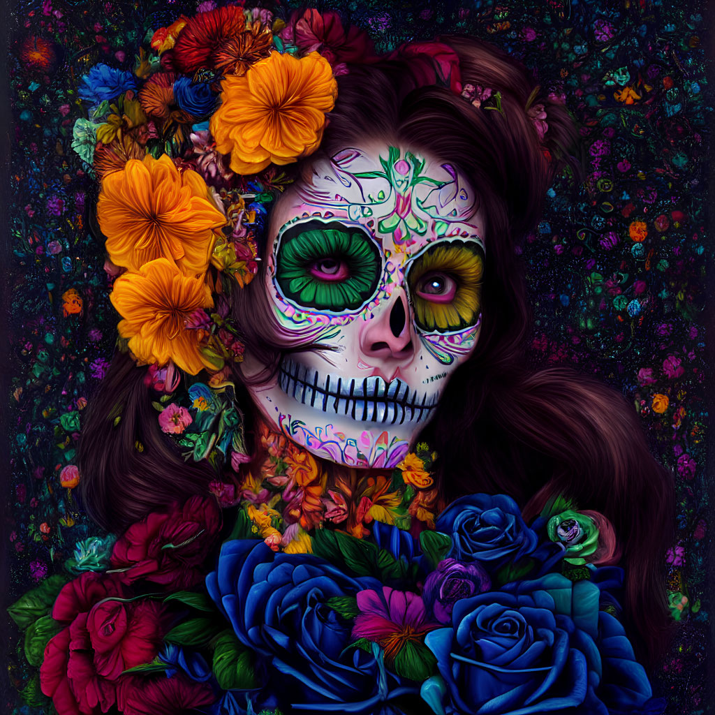 Vibrant Day of the Dead makeup with floral patterns