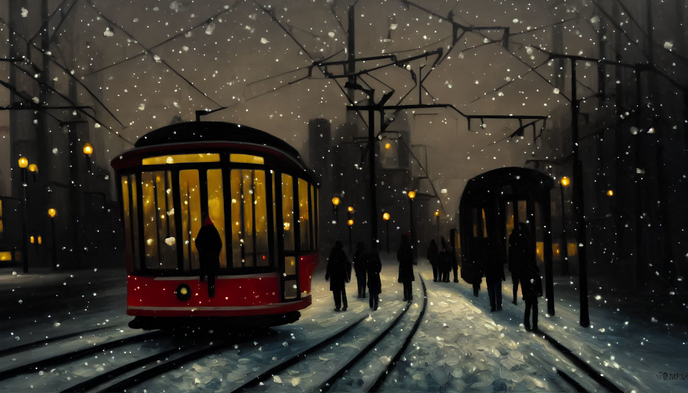 Snowy Evening Painting: Red Tram at Station, Silhouettes, City Lights