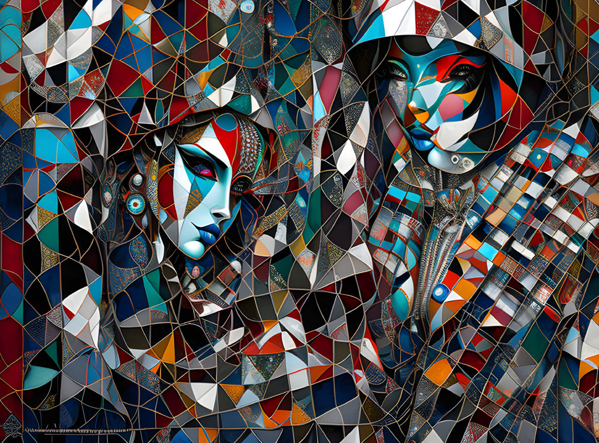 Vibrant geometric digital art of woman's face with abstract patterns