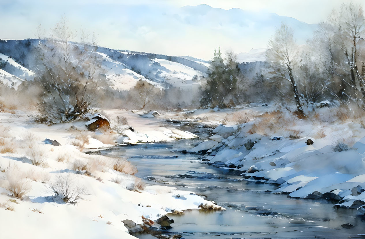 Tranquil winter landscape with snow-covered stream and mountains